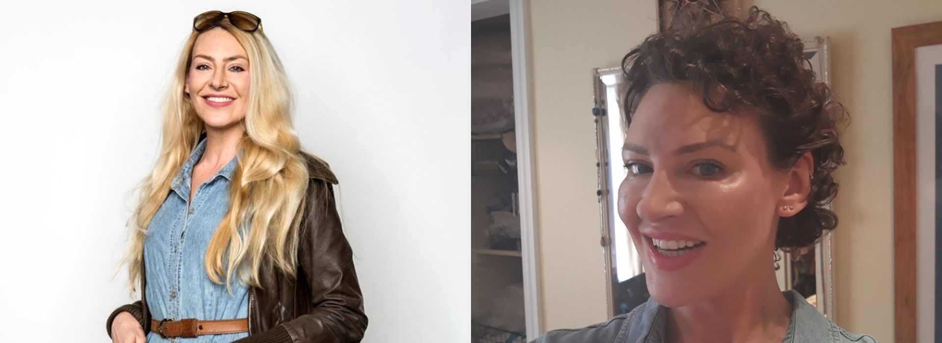 Alice on the left with long blonde hair smiling at the camera, a selfie of Alice on the right with short curly brown hair smiling at the camera