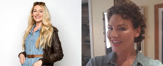 Alice on the left with long blonde hair smiling at the camera, a selfie of Alice on the right with short curly brown hair smiling at the camera
