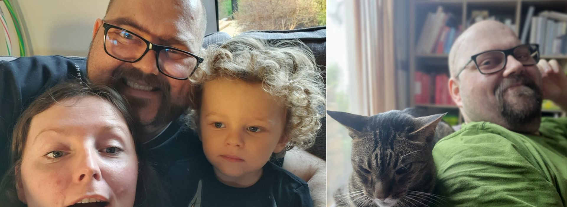Left: selfie of Pawel with wife Klem and son Hugo; right: Pawel with his cat