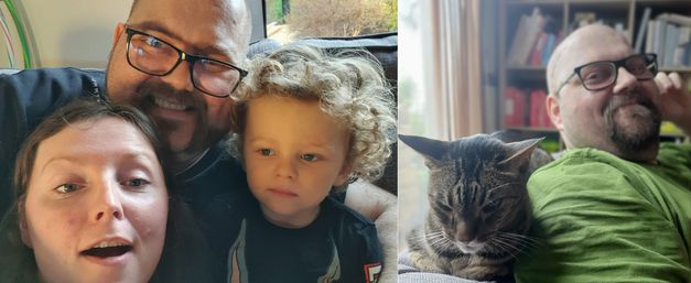 Left: selfie of Pawel with wife Klem and son Hugo; right: Pawel with his cat
