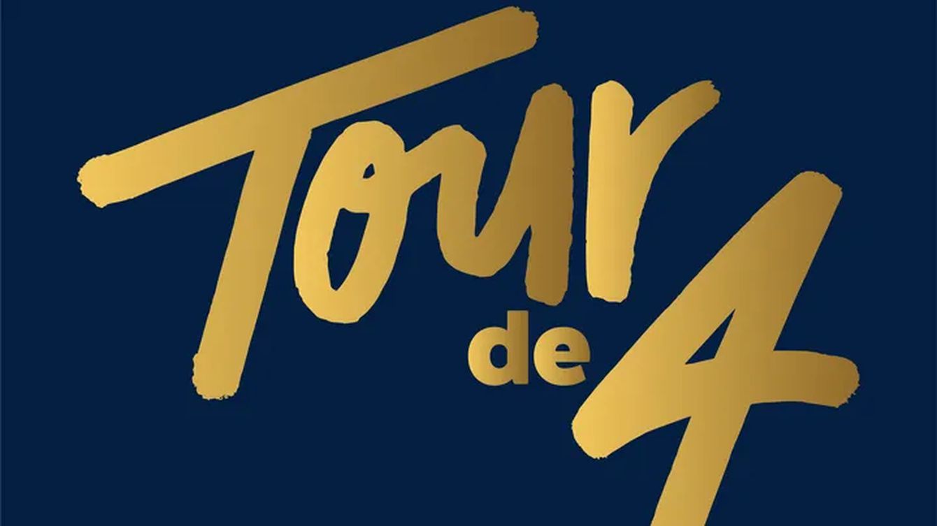 Tour de 4 gold text on a blue background logo