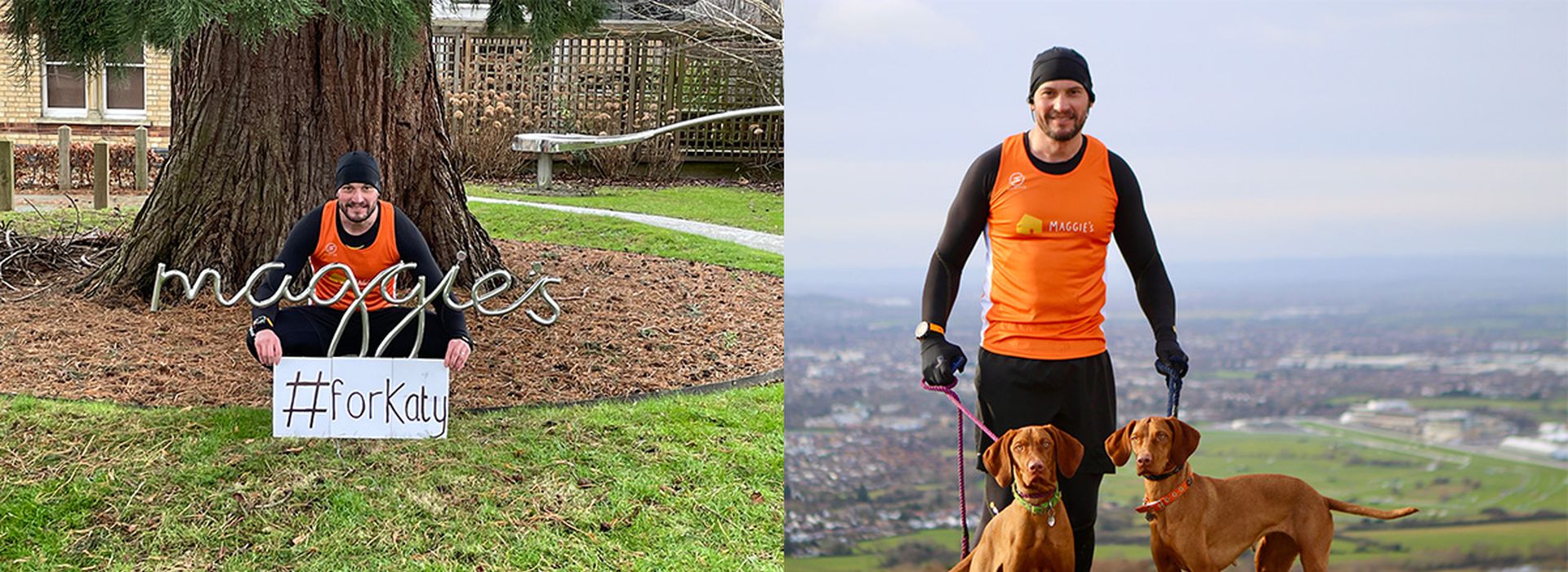Matthew on top of a hill with his two dogs