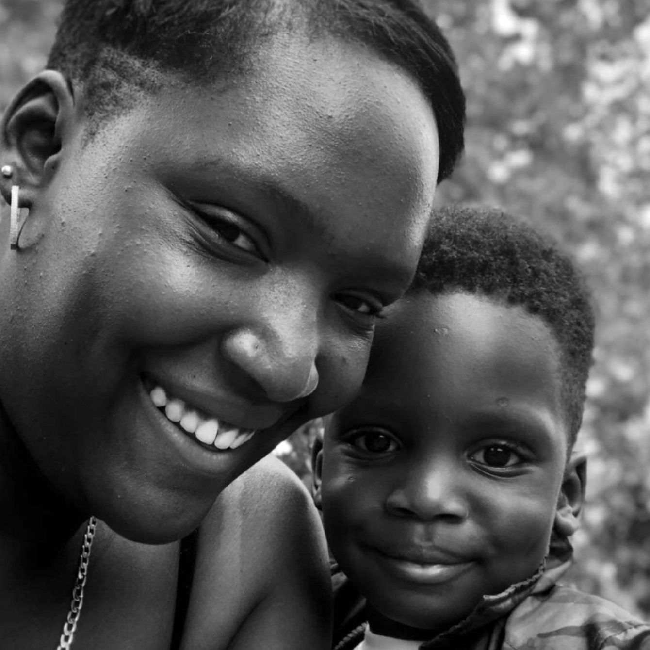 Black and white image of Dellasie and her son