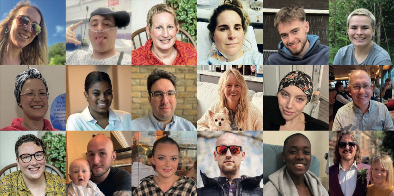 Portraits of 18 people under 50 diagnosed with cancer