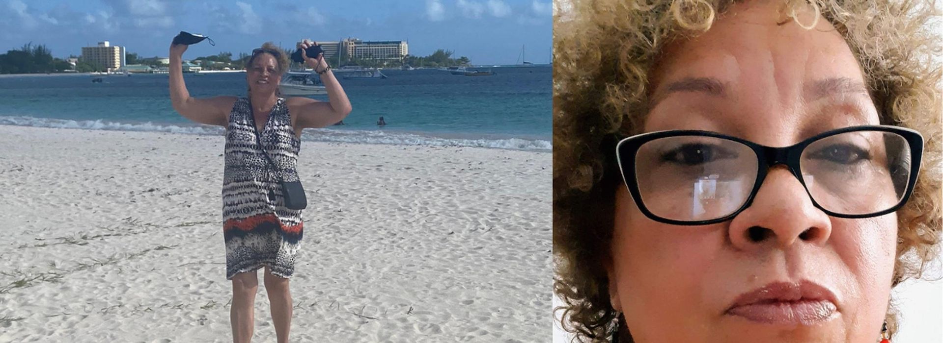 Left: Carole smiling on holiday on the beach; right: close-up of Carole