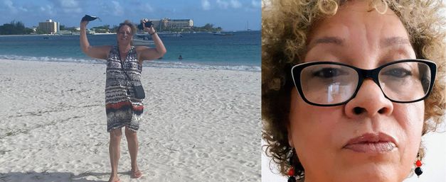 Left: Carole smiling on holiday on the beach; right: close-up of Carole