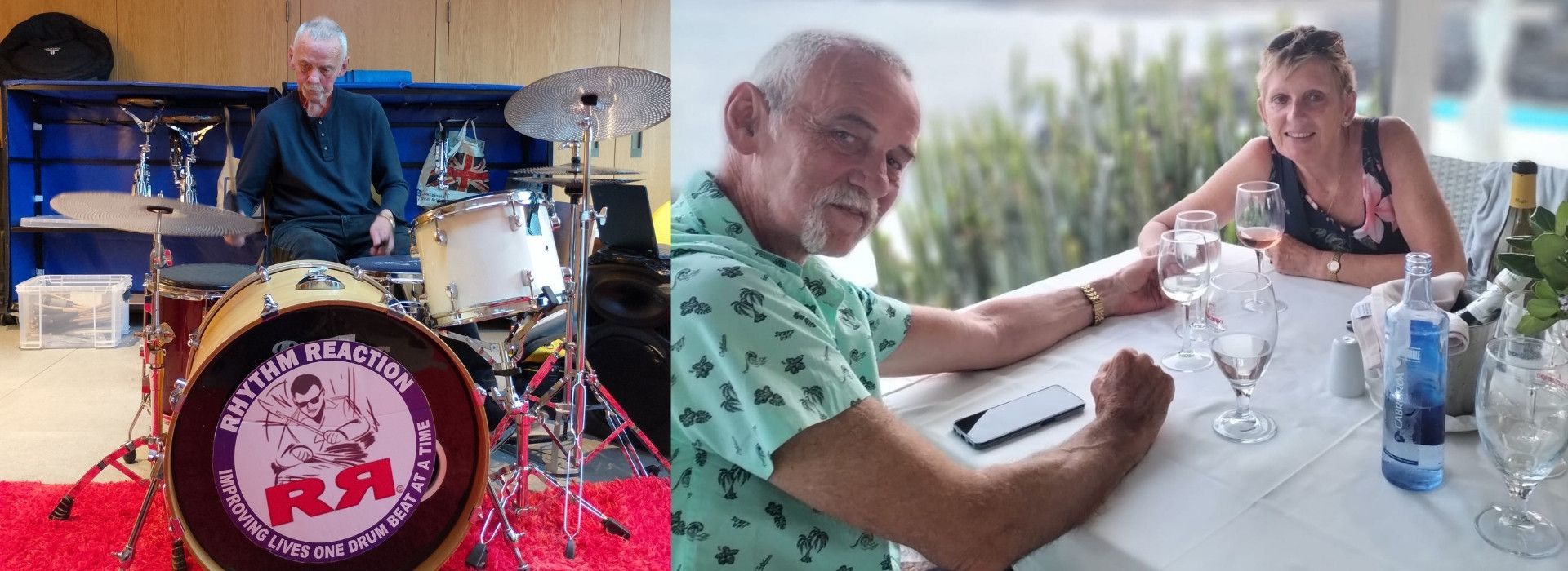 Greg using drumkit; Carol and Greg on holiday
