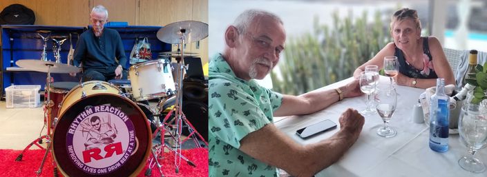 Greg using drumkit; Carol and Greg on holiday