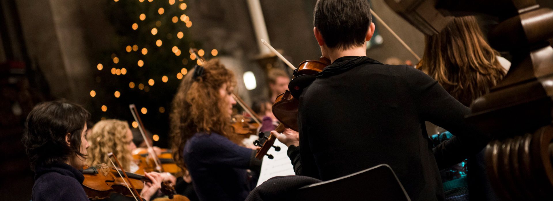 Musicians playing string instruments in church concert in front of Christmas tree