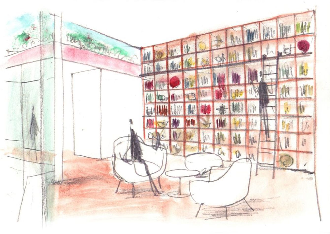 Colourful sketch of the library at Maggie's at the Royal Marsden