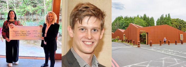 Triptych of presentation of £16,000 cheque to Maggie's, portrait of Elliot Dallen and landscape of Maggie's Cardiff