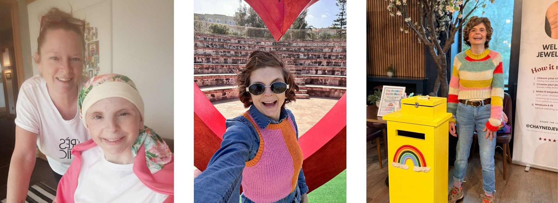 Amy with her Mum during treatment; Amy smiling on solo trip abroad; Amy with her Rainbow Quotes enterprise