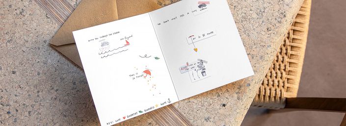 Flat lay of a card on a table besides a coffee cup