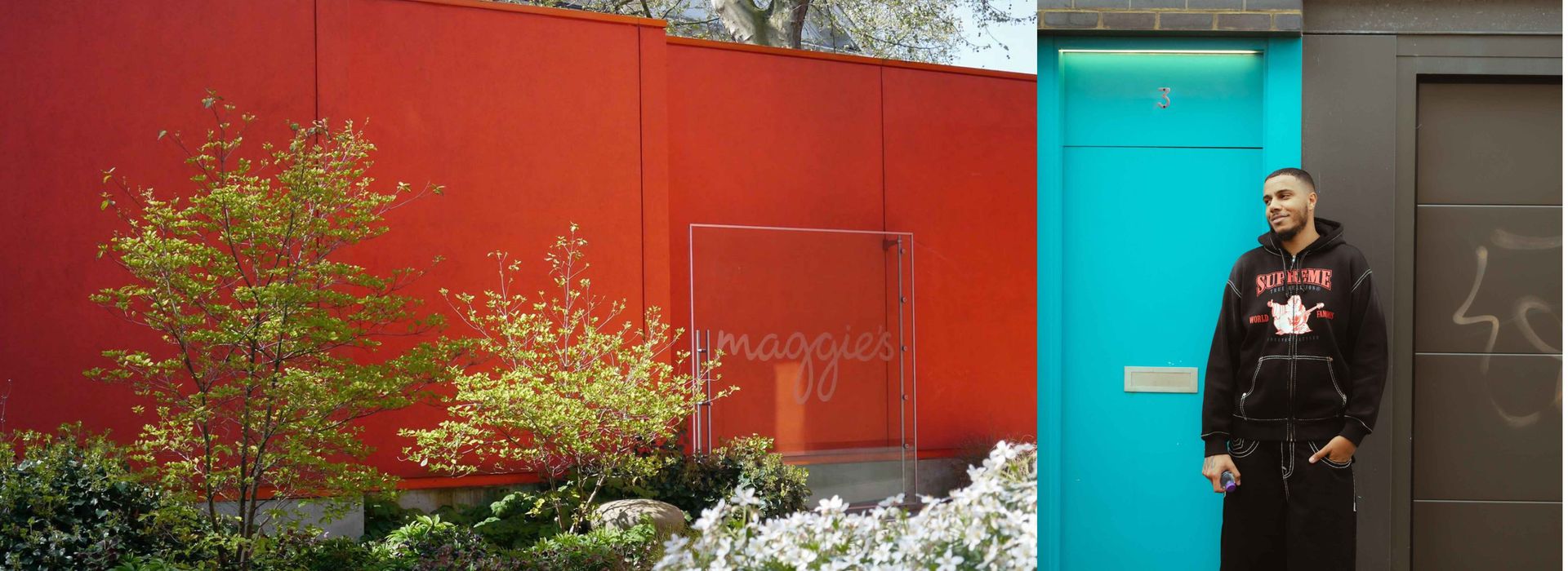 Landscape of the entrance to Maggie's, West London, and album photo of AJ Tracey