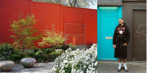 Landscape of the entrance to Maggie's, West London, and album photo of AJ Tracey
