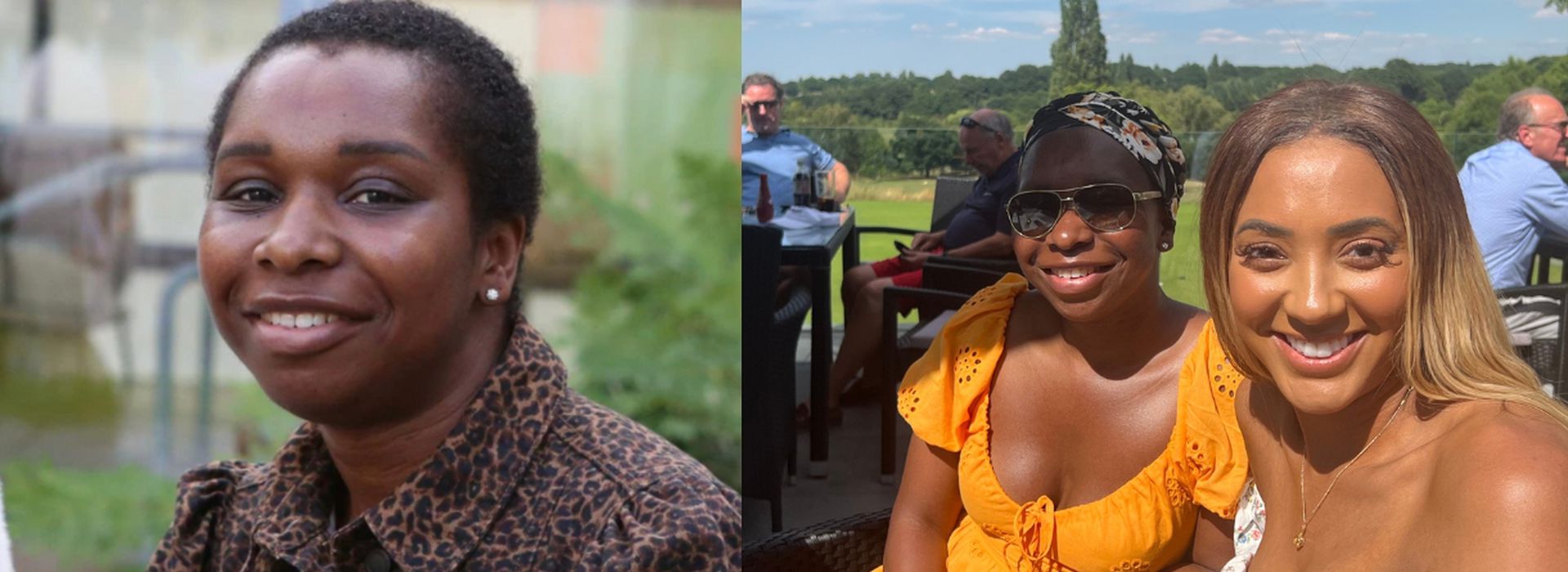 Left: headshot of Mary; right: photo of Mary and friend in a park, smiling