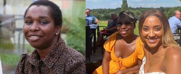 Left: headshot of Mary; right: photo of Mary and friend in a park, smiling