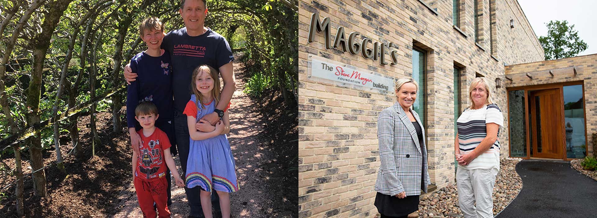 Collage image of visitors and Maggie's staff outside the Wirral centre