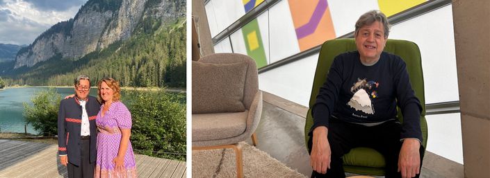 Javier with his wife on holiday in France; Javier in the Barts Maggie's centre